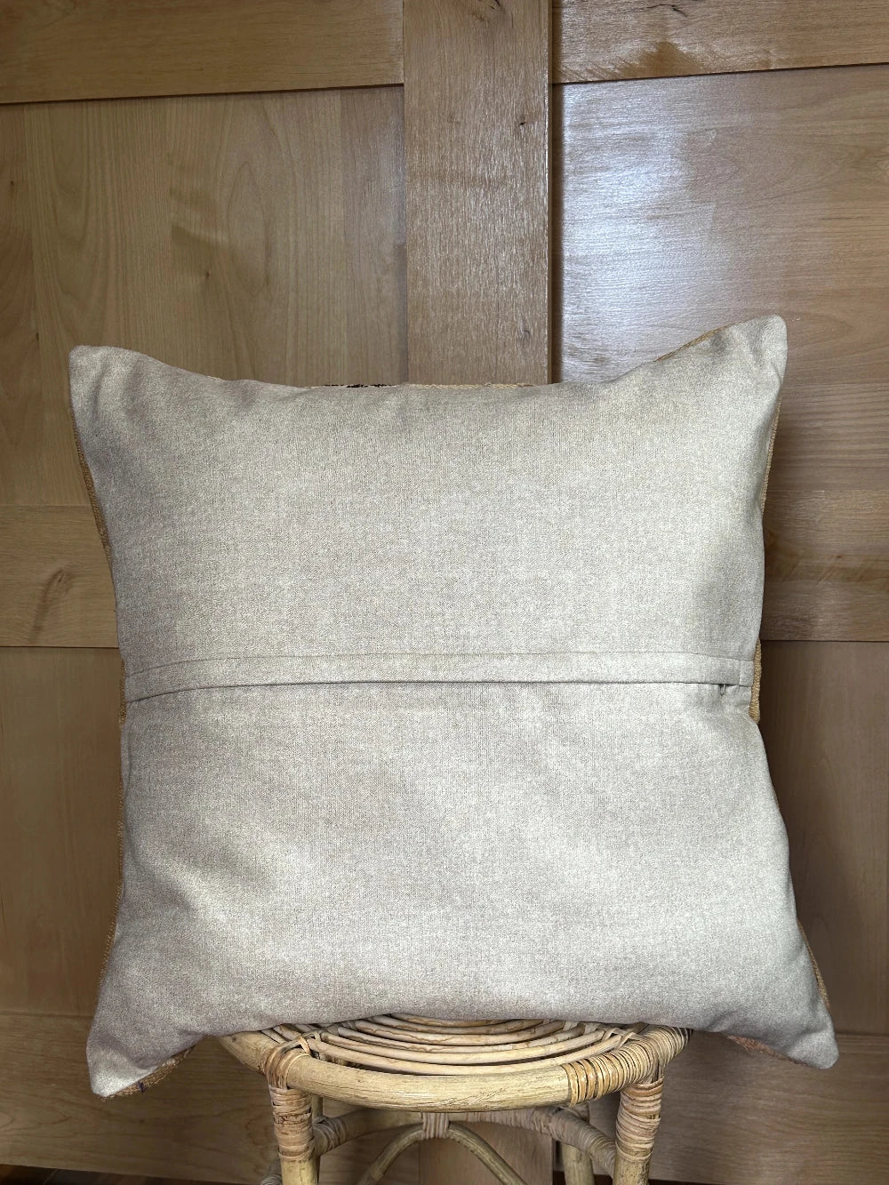 26 by 26 tan plaid turkish pillow that also doubles as a floor cushion with multi-colored floral embroidery