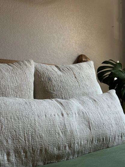 12 by 36 inch cream lumbar pillow made in Turkey from a hemp material