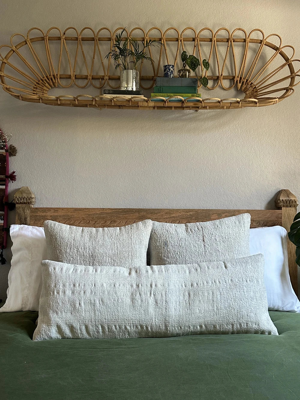 12 by 46 cream colored Turkish lumbar pillow woven from a soft hemp material