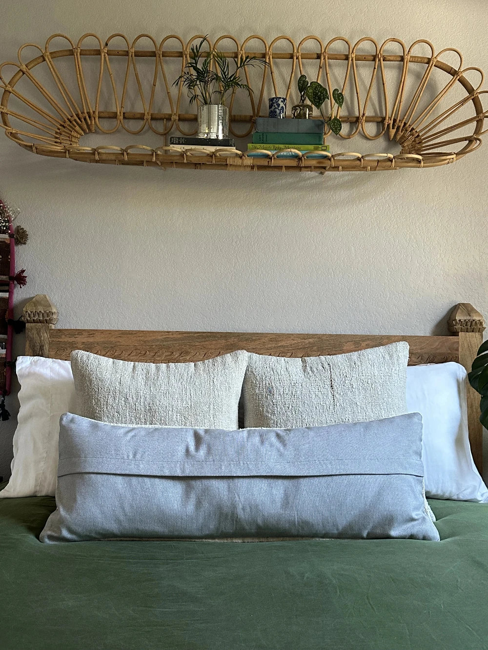 12 by 46 cream colored Turkish lumbar pillow woven from a soft hemp material