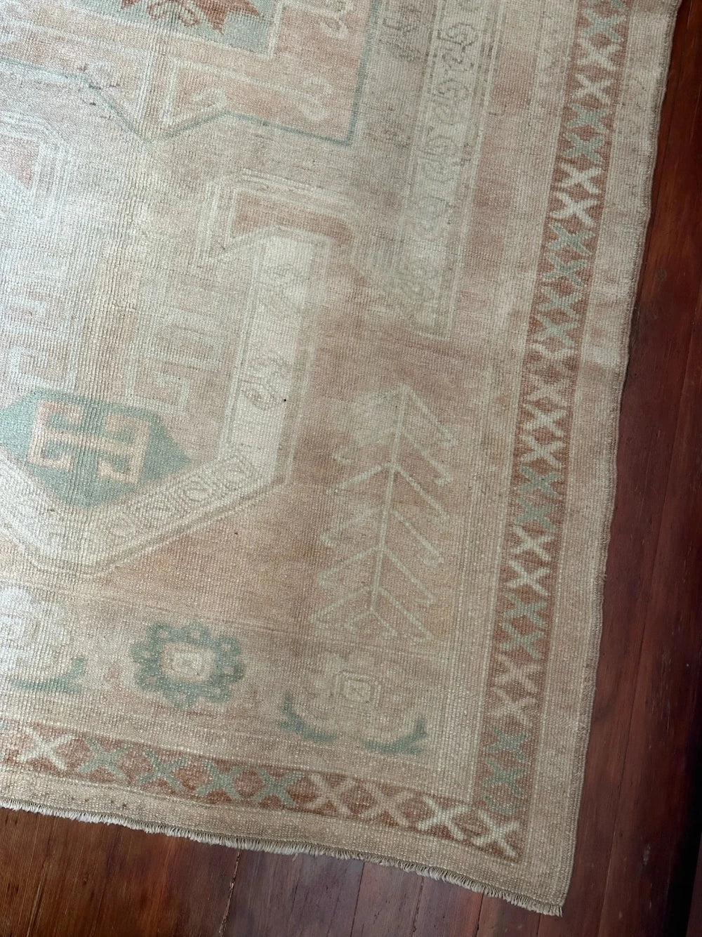 5 by 8 neutral Turkish are rug featuring double border and muted brown tones with pops of blue