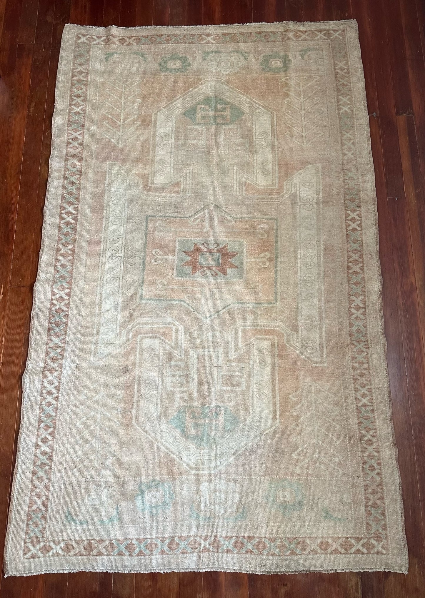 5 by 8 neutral Turkish are rug featuring double border and muted brown tones with pops of blue