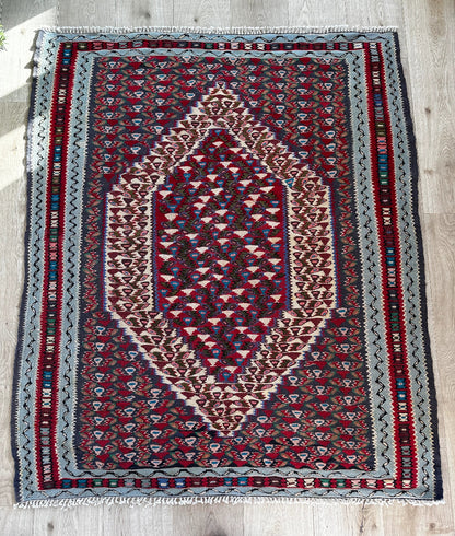 Handwoven Senneh Kilim rug, featuring intricate geometric patterns, a central medallion design, and rich earthy red, deep blue, and neutral tones. Flat-woven wool rug with fine detailing and a slit tapestry weave, perfect for bohemian, modern, or traditional home décor.