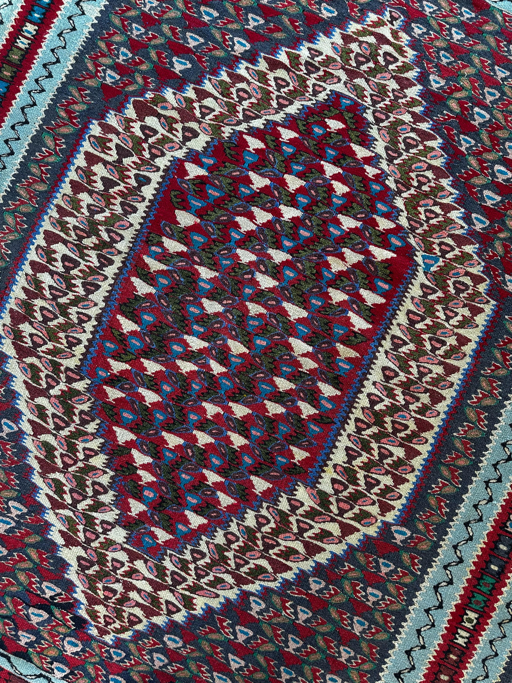 Handwoven Senneh Kilim rug, featuring intricate geometric patterns, a central medallion design, and rich earthy red, deep blue, and neutral tones. Flat-woven wool rug with fine detailing and a slit tapestry weave, perfect for bohemian, modern, or traditional home décor.