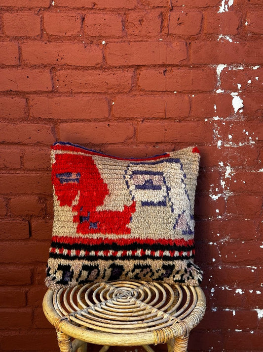 15 by 15 Turkish throw pillow featuring shaggy material and bright purple and red tones upcycled from a Turkish rug