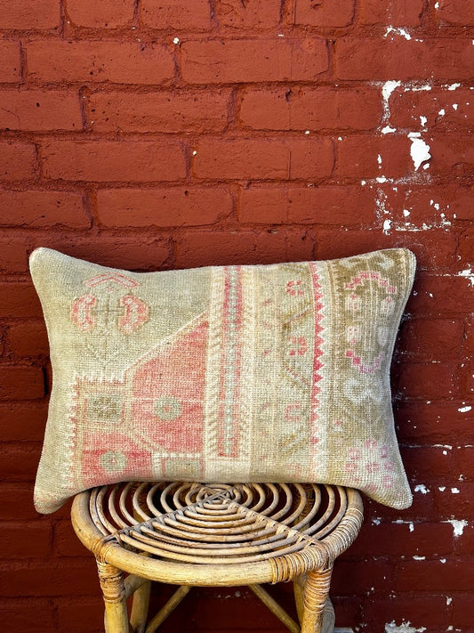 16 by 24 soft Turkish lumbar pillow featuring geometric patterns and a soft muted color palette upcycled from a Turkish rug