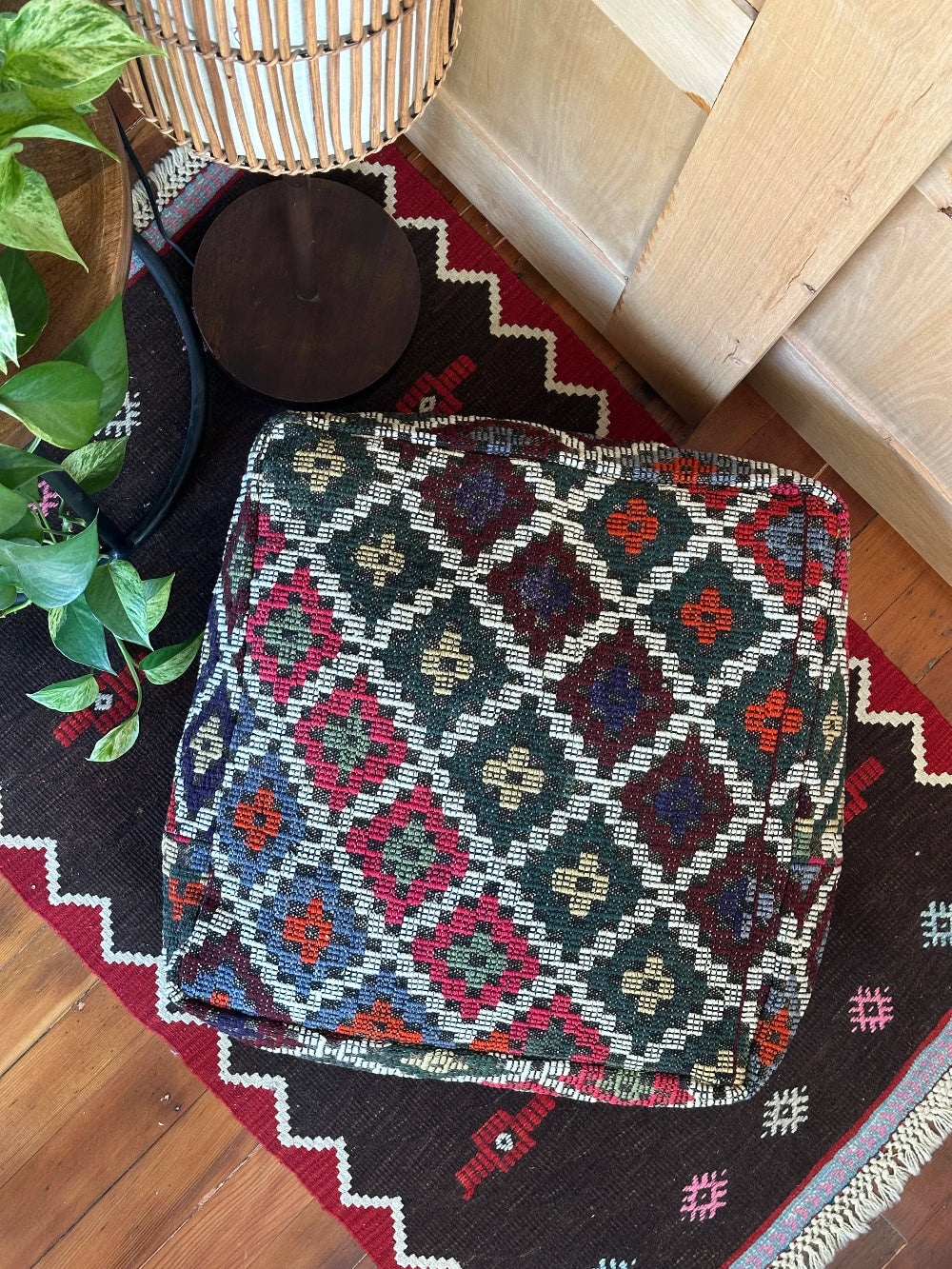 Handmade vintage Turkish rug pouf with colorful tones, up-cycled from authentic wool Kilim rugs. Perfect as a unique bohemian floor cushion, ottoman, or accent seating for living rooms, bedrooms, or cozy spaces. Ethically crafted by artisans in Turkey.