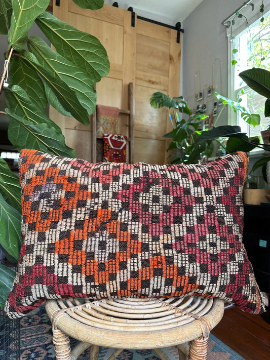 16 x 24 red and orange Turkish lumbar pillow featuring diamond pattern