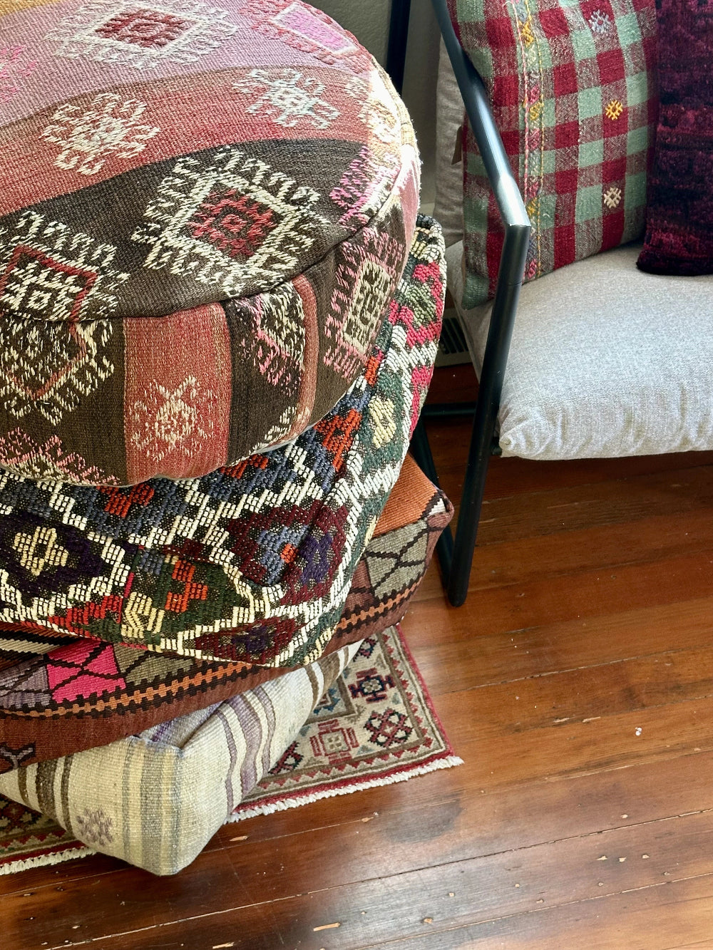 Handmade vintage Turkish rug pouf with neutral tones, up-cycled from authentic wool Kilim rugs. Perfect as a unique bohemian floor cushion, ottoman, or accent seating for living rooms, bedrooms, or cozy spaces. Ethically crafted by artisans in Turkey.