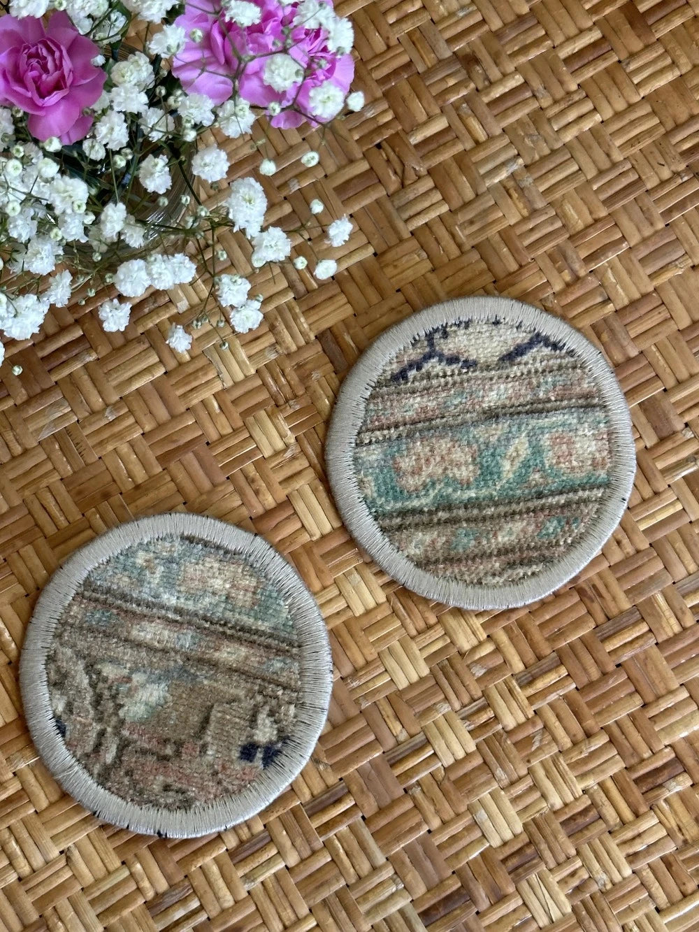 Unique 5 inch Turkish fabric coasters in the shape of a heart, upcycled from old turkish rugs and pillow scraps