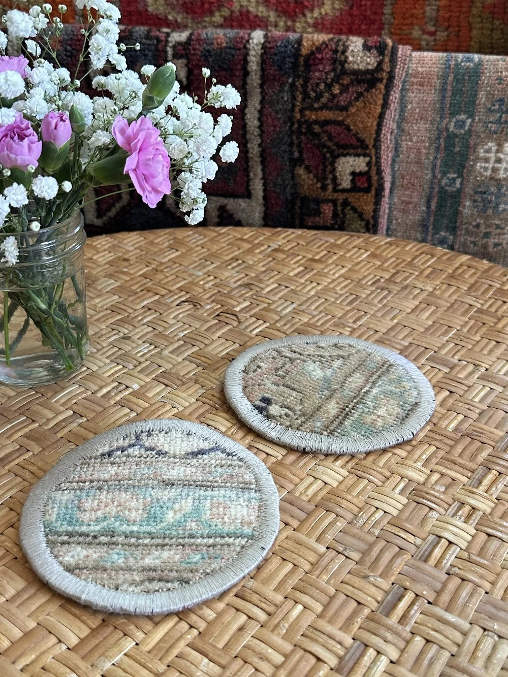 Unique 5 inch Turkish fabric coasters in the shape of a heart, upcycled from old turkish rugs and pillow scraps