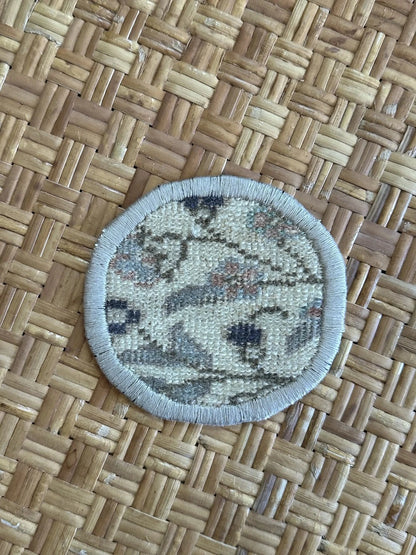 Unique 5 inch Turkish fabric coasters in the shape of a heart, upcycled from old turkish rugs and pillow scraps
