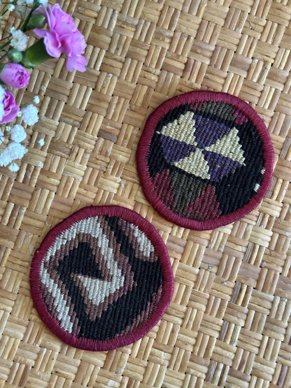 3.75 diameter Turkish coaster set made from Turkish rugs and pillow scraps featuring a colorful geometric design