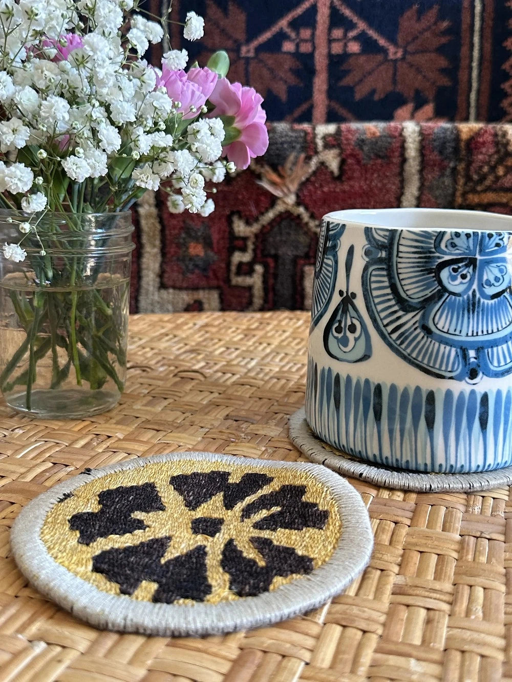 Unique 5 inch Turkish fabric coasters in the shape of a heart, upcycled from old turkish rugs and pillow scraps