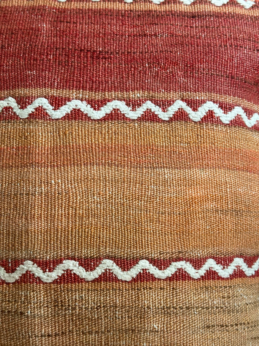 Handwoven red and orange sherbet Turkish throw pillow, 26x26 inches, wool front with geometric design and pops of white, cotton backing—boho home decor.