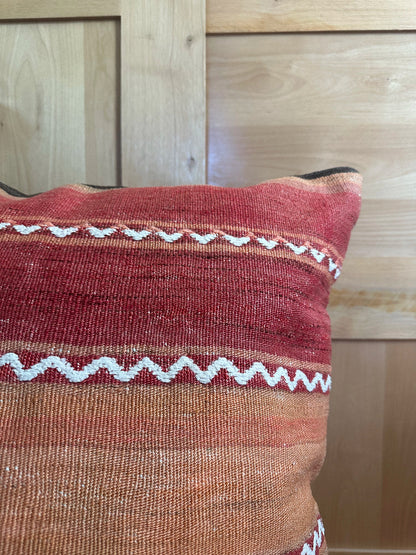 Handwoven red and orange sherbet Turkish throw pillow, 26x26 inches, wool front with geometric design and pops of white, cotton backing—boho home decor.