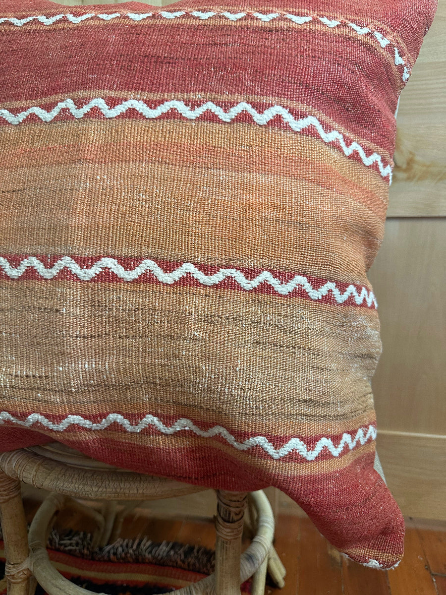 Handwoven red and orange sherbet Turkish throw pillow, 26x26 inches, wool front with geometric design and pops of white, cotton backing—boho home decor.