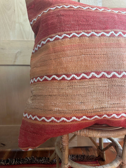 Handwoven red and orange sherbet Turkish throw pillow, 26x26 inches, wool front with geometric design and pops of white, cotton backing—boho home decor.