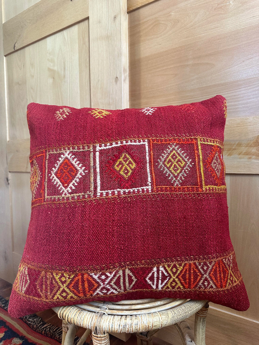 Handwoven red and orange sherbet Turkish throw pillow, 20x20 inches, wool front with geometric design and pops of white, cotton backing—boho home decor.