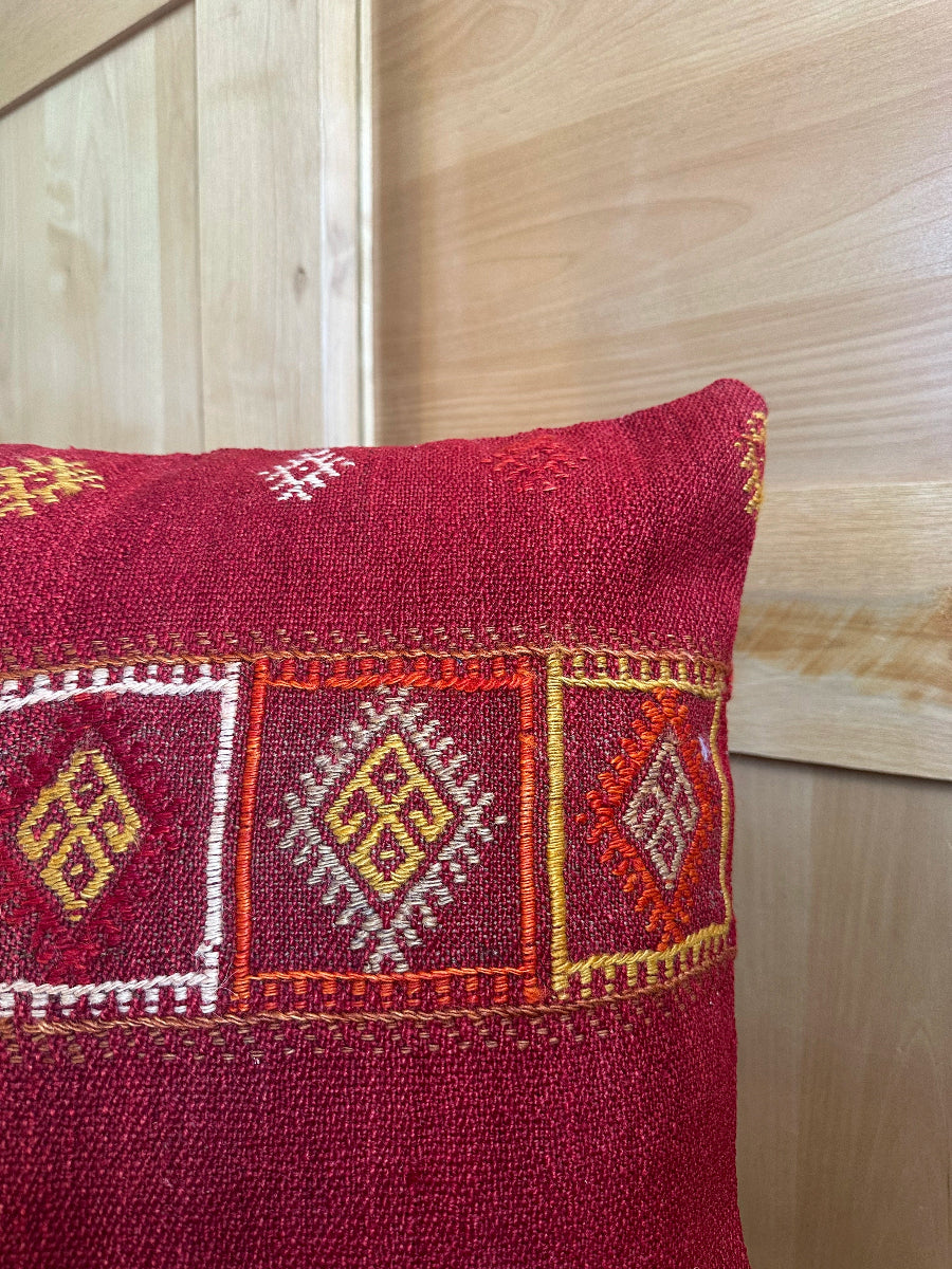 Handwoven red and orange sherbet Turkish throw pillow, 20x20 inches, wool front with geometric design and pops of white, cotton backing—boho home decor.