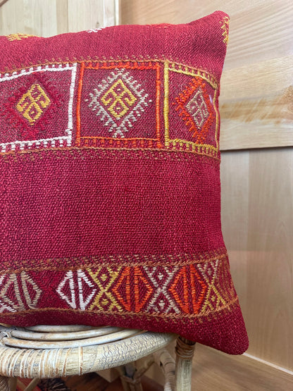 Handwoven red and orange sherbet Turkish throw pillow, 20x20 inches, wool front with geometric design and pops of white, cotton backing—boho home decor.