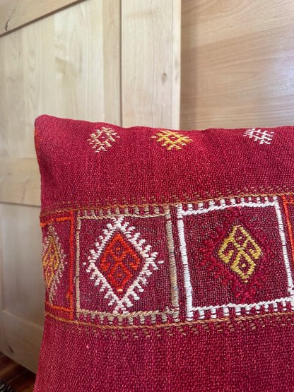 Handwoven red and orange sherbet Turkish throw pillow, 20x20 inches, wool front with geometric design and pops of white, cotton backing—boho home decor.