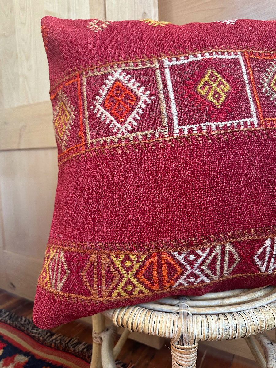 Handwoven red and orange sherbet Turkish throw pillow, 20x20 inches, wool front with geometric design and pops of white, cotton backing—boho home decor.