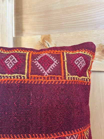 Handwoven red and orange Turkish lumbar pillow, 16x24 inches, wool front with geometric design and pops of white, cotton backing—boho home decor.