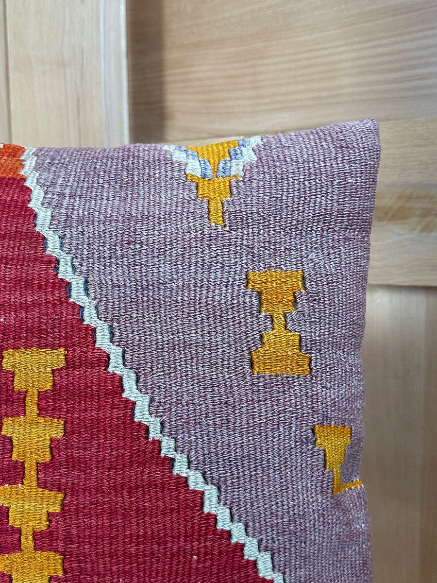 Handwoven colorful geometric Turkish throw pillow, 16x16 inches, wool front and cotton backing—boho home decor.