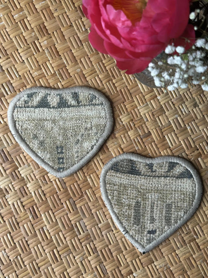 Unique 6.5 by 5.5 inch Turkish fabric coasters in the shape of a heart, upcycled from old turkish rugs and pillow scraps