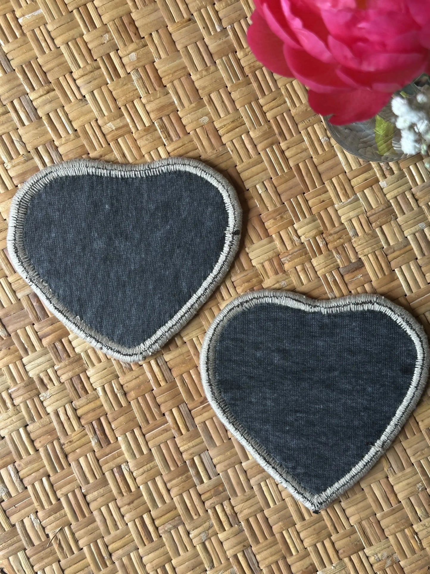 Unique 6.5 by 5.5 inch Turkish fabric coasters in the shape of a heart, upcycled from old turkish rugs and pillow scraps