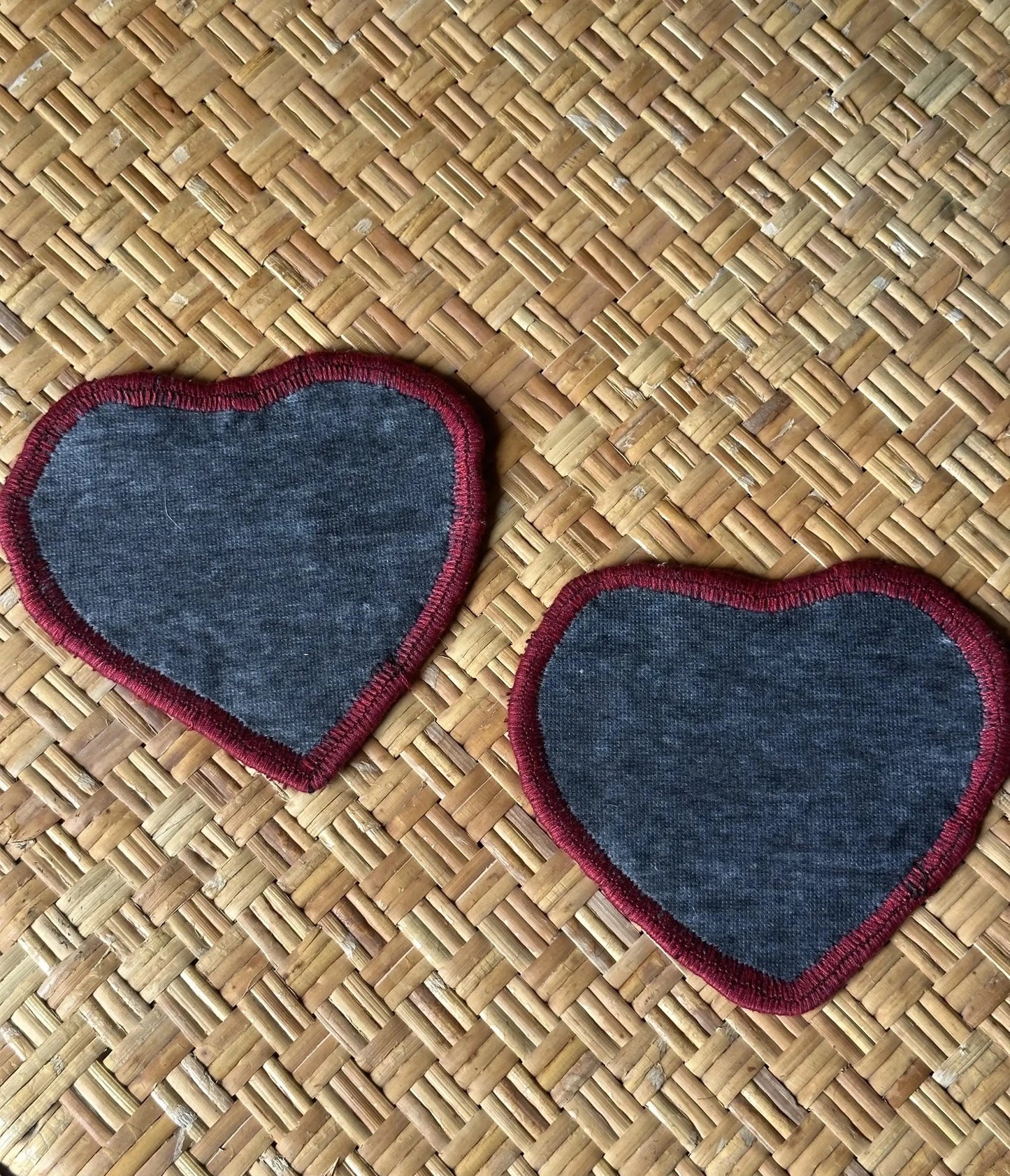 Unique 6.5 by 5.5 inch Turkish fabric coasters in the shape of a heart, upcycled from old turkish rugs and pillow scraps