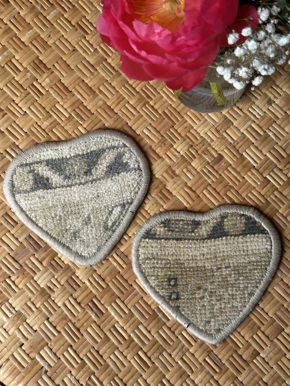 Unique 6.5 by 5.5 inch Turkish fabric coasters in the shape of a heart, upcycled from old turkish rugs and pillow scraps