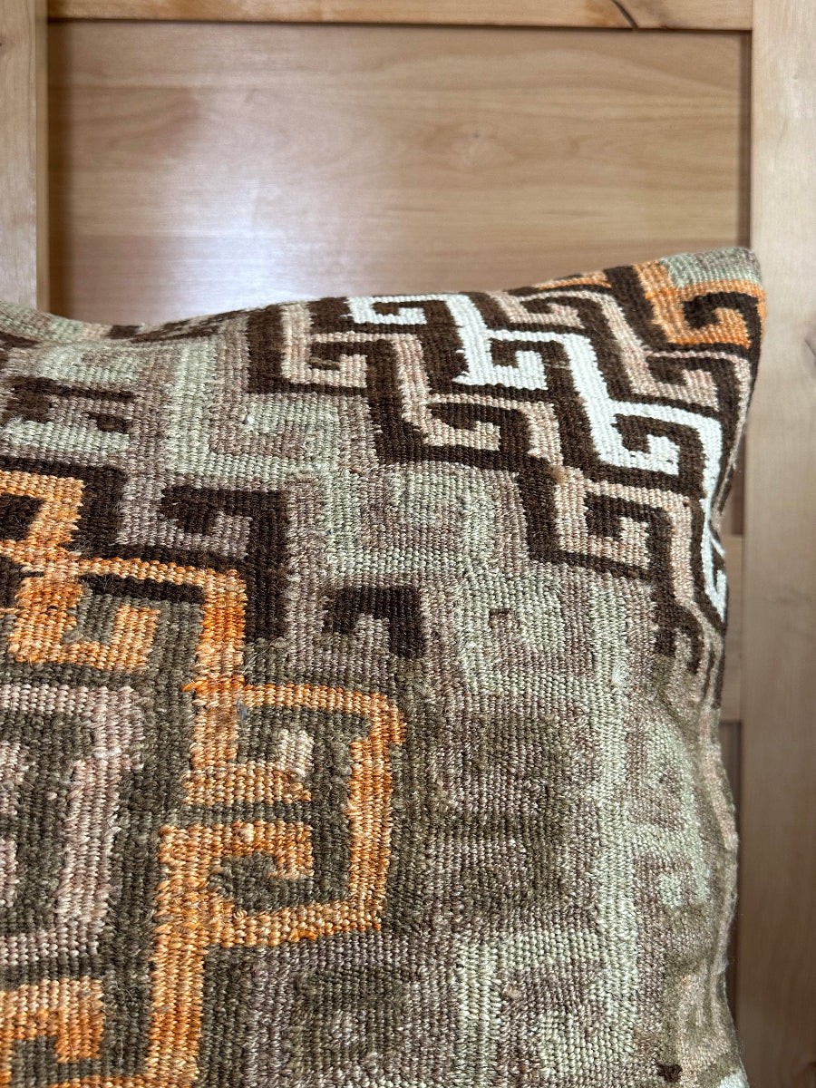 Handwoven neutral and orange sherbet Turkish throw pillow, 26x26 inches, wool front with geometric design and pops of white, cotton backing—boho home decor.