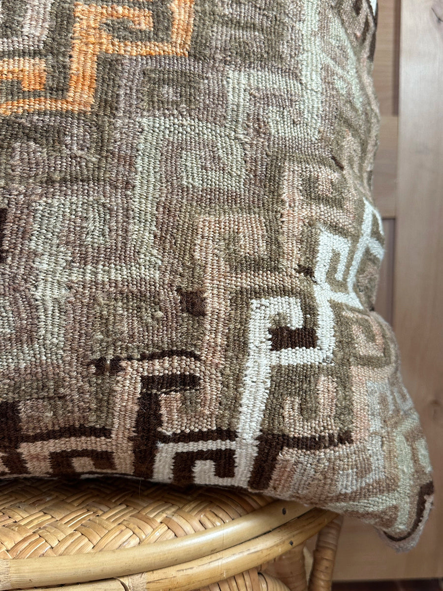 Handwoven neutral and orange sherbet Turkish throw pillow, 26x26 inches, wool front with geometric design and pops of white, cotton backing—boho home decor.