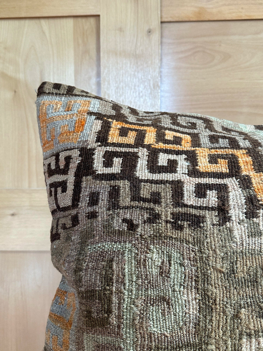 Handwoven neutral and orange sherbet Turkish throw pillow, 26x26 inches, wool front with geometric design and pops of white, cotton backing—boho home decor.