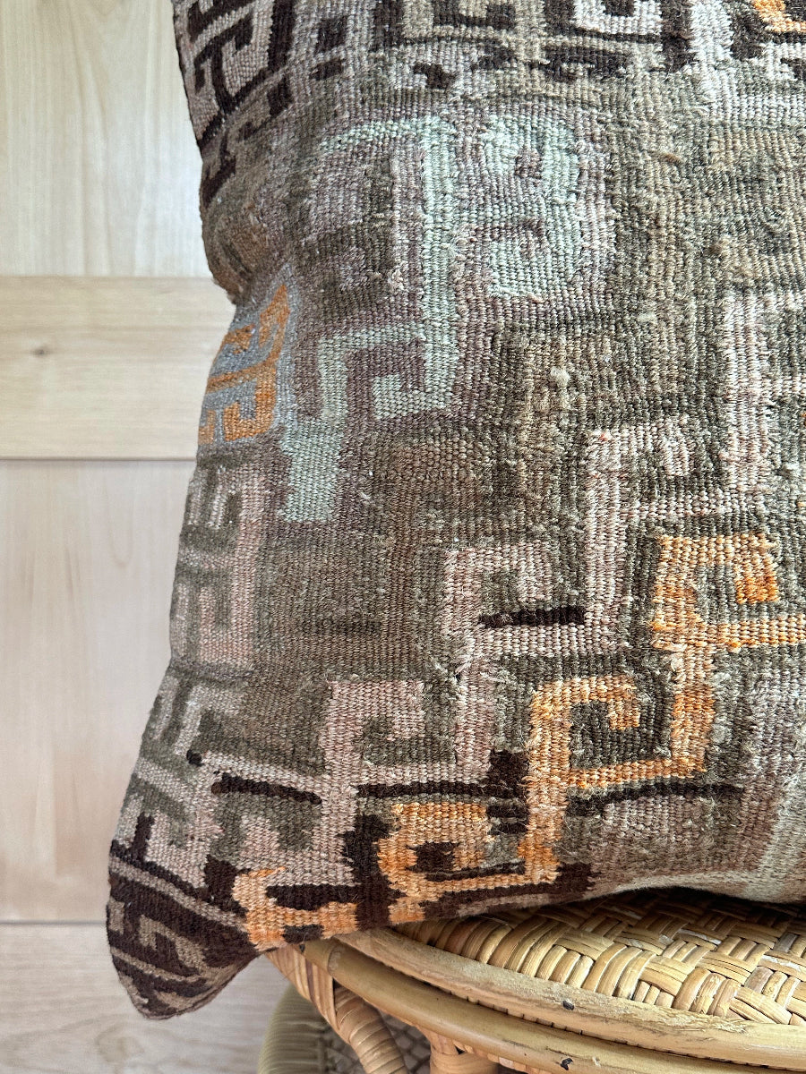 Handwoven neutral and orange sherbet Turkish throw pillow, 26x26 inches, wool front with geometric design and pops of white, cotton backing—boho home decor.