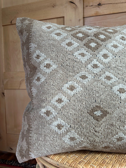 Handwoven neutral Turkish throw pillow, 26x26 inches, wool front with geometric design and pops of white, cotton backing—boho home decor.