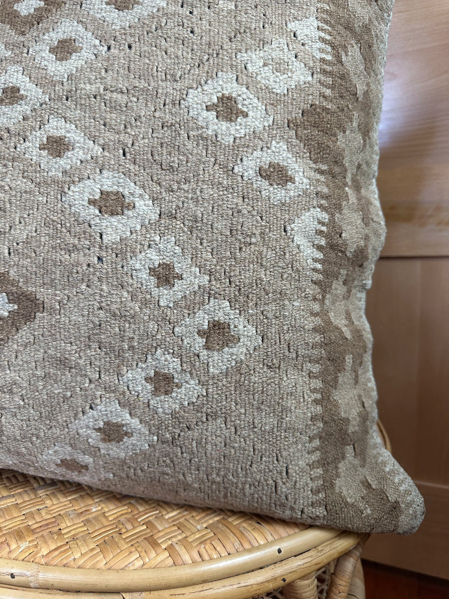 Handwoven neutral Turkish throw pillow, 26x26 inches, wool front with geometric design and pops of white, cotton backing—boho home decor.