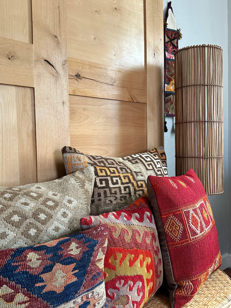 Handwoven neutral Turkish throw pillow, 26x26 inches, wool front with geometric design and pops of white, cotton backing—boho home decor.