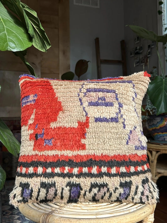 15 by 15 Turkish throw pillow featuring shaggy material and bright purple and red tones upcycled from a Turkish rug