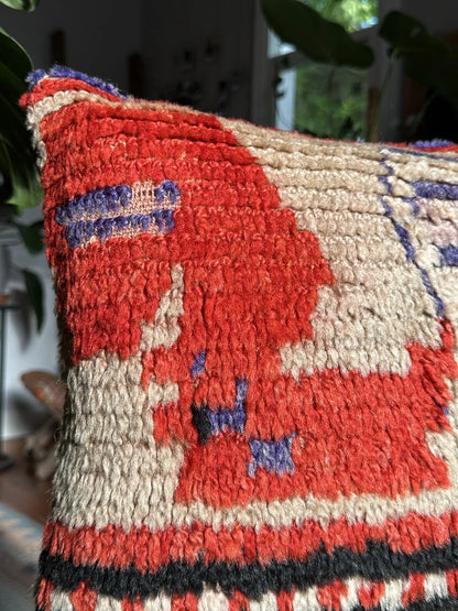 15 by 15 Turkish throw pillow featuring shaggy material and bright purple and red tones upcycled from a Turkish rug