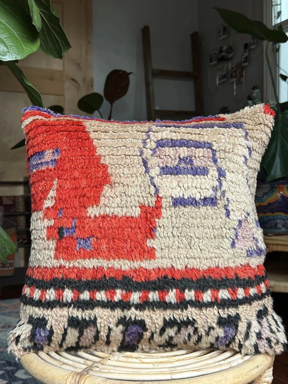 15 by 15 Turkish throw pillow featuring shaggy material and bright purple and red tones upcycled from a Turkish rug