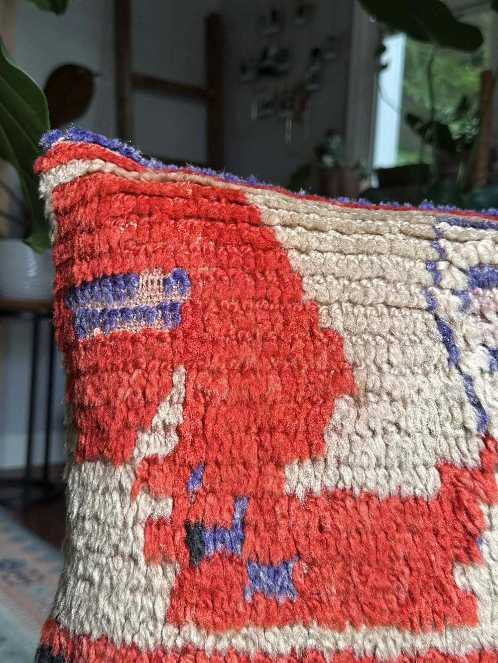 15 by 15 Turkish throw pillow featuring shaggy material and bright purple and red tones upcycled from a Turkish rug