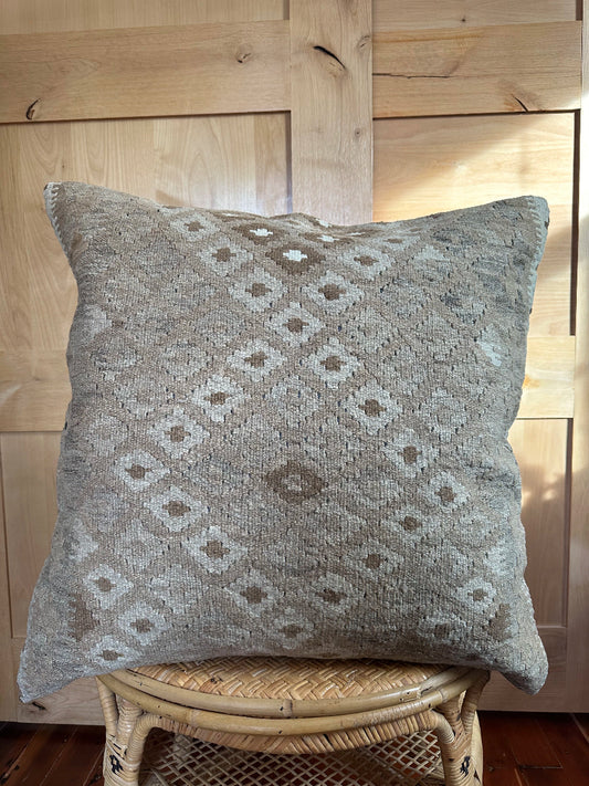 Handwoven neutral Turkish throw pillow, 26x26 inches, wool front with repeating geometric design, cotton backing—boho home decor.