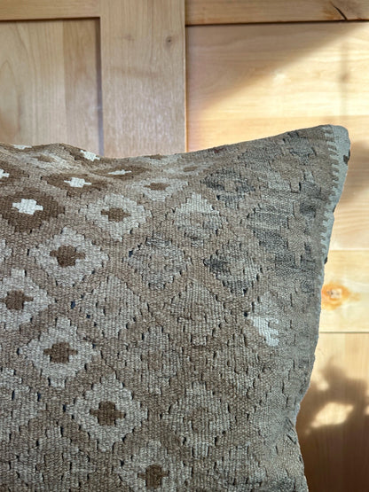 Handwoven neutral Turkish throw pillow, 26x26 inches, wool front with repeating geometric design, cotton backing—boho home decor.