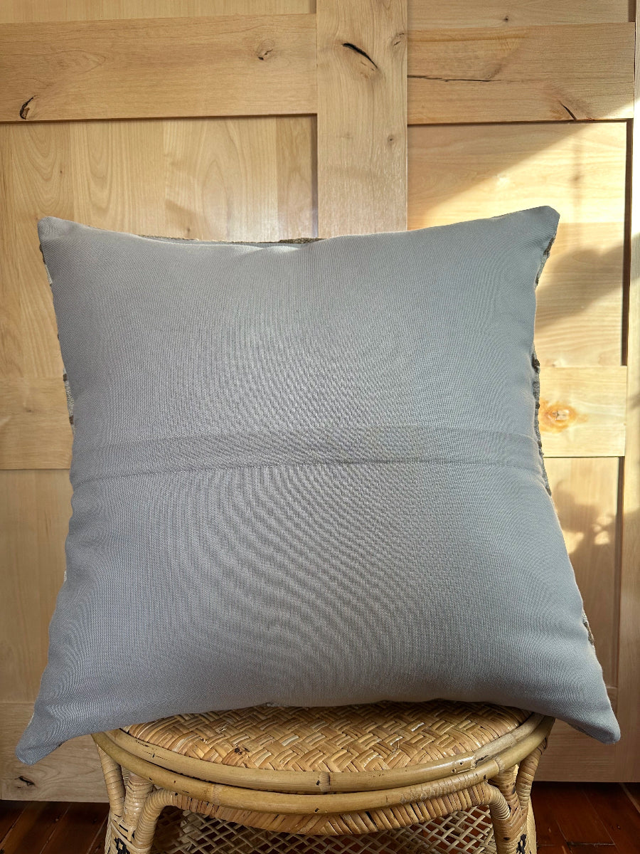 Handwoven neutral Turkish throw pillow, 26x26 inches, wool front with repeating geometric design, cotton backing—boho home decor.