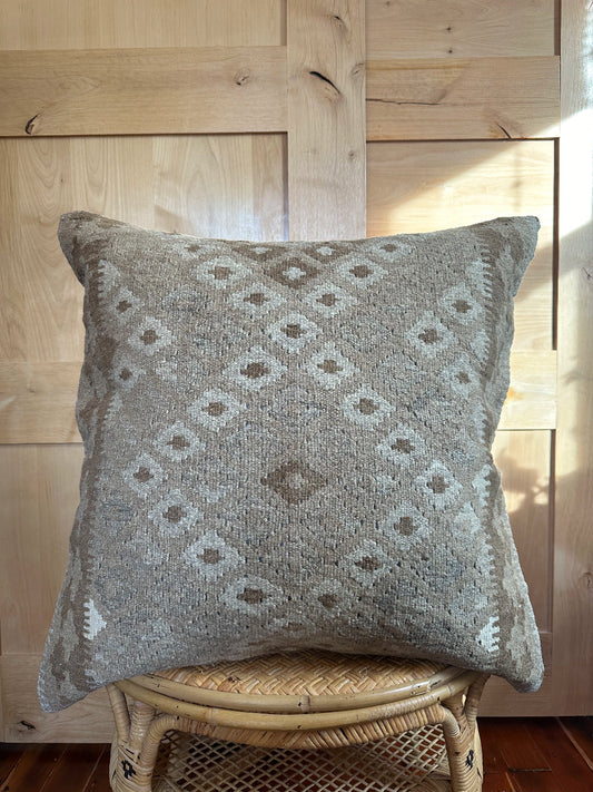 Handwoven neutral Turkish throw pillow, 26x26 inches, wool front with repeating geometric design, cotton backing—boho home decor.