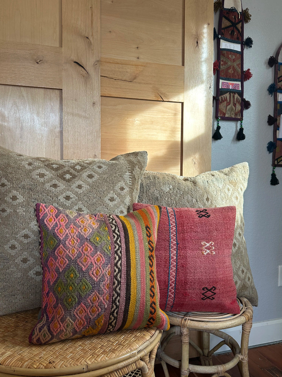 Handwoven neutral Turkish throw pillow, 26x26 inches, wool front with repeating geometric design, cotton backing—boho home decor.