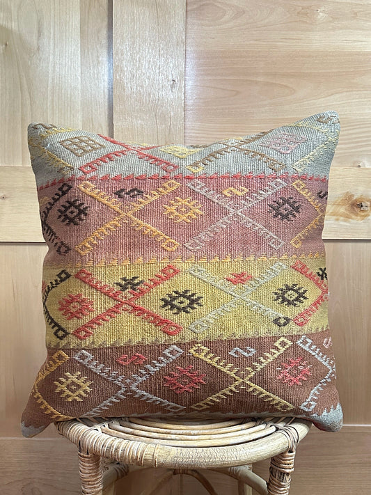 20 by 20 striped yellow, light blue, brown and pink embroidered turkish kilim throw pillow